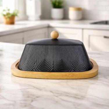 Imagem de Manteigueira Oásis Preto em Cerâmica com Base de Bambu 21cm - Hauskraf