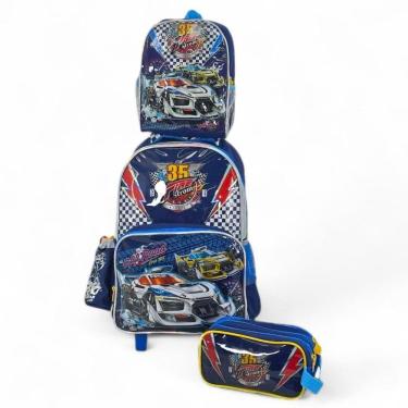 Imagem de Kit Mochila Rodinha Escolar Lancheira Estojo Carro Car Azul
