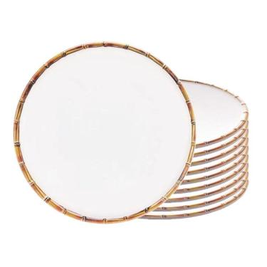 Imagem de Jogo 10 Prato Sobremesa Borda De Bambu Melamina Branco 22cm Wolff