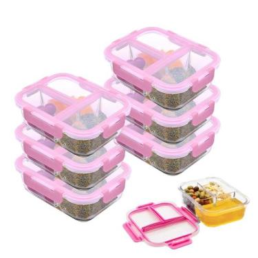 Imagem de Kit 6 Pote Vidro Hermético 3 Divisórias Tampa 1040ml Marmita - MUNDIAR