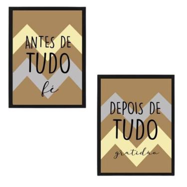 Imagem de Kit 2 Quadros Decorativos Fé E Gratidão - Chevron Marrom