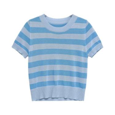 Imagem de Suéter Casual De Malha Listrado Para Mulheres, Camiseta De Manga Curta