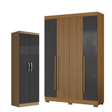 Imagem de Guarda Roupa Solteiro 2030240 4 Portas 2 Gavetas MDP Atacama Grafite e Armário Multiuso 2 Portas Aramóveis