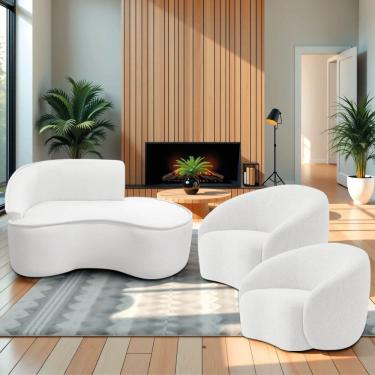Imagem de Kit Divã Recamier Orgânico Marrocos 150cm Lado Direito E 2 Poltronas Amore Bouclé Branco