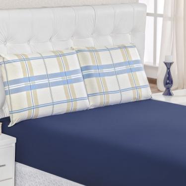 Imagem de Jogo de Lençol Queen Size 3 Peças 100% Algodão Malha com Elástico Xadrez Azul