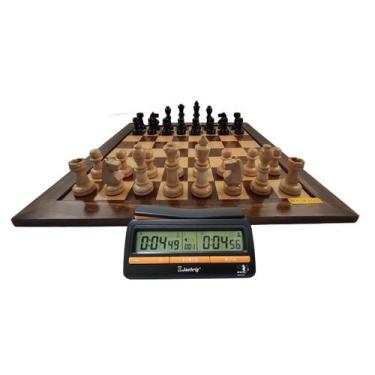 Imagem de Tabuleiro Luxo + Peças de Xadrez em Madeira Nobre + Relógio Digital - 