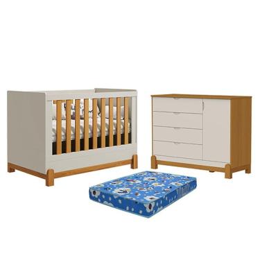 Imagem de Berço Americano Lótus Liso Areia Savana Com Cômoda Sapateira Lótus Liso Areia Savana E Colchão Tend Tudo - Reller