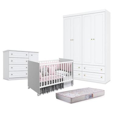 Imagem de Quarto De Bebê Americano 4 Portas Com Berço Nacional Mel Branco Acetinado - Reller - Henn E Colchão Gazin.