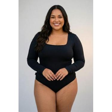 Imagem de Body Feminino Plus Size Sem Costura Manga Longa G2 Confortável Preto e