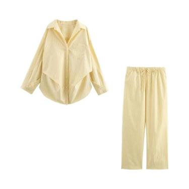 Imagem de Conjunto Feminino Amarelo Manteiga Listrado Vintage Com Camisa Solta D