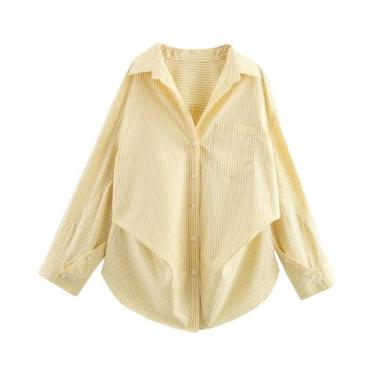 Imagem de Conjunto Feminino Amarelo Manteiga Listrado Vintage Com Camisa Solta D