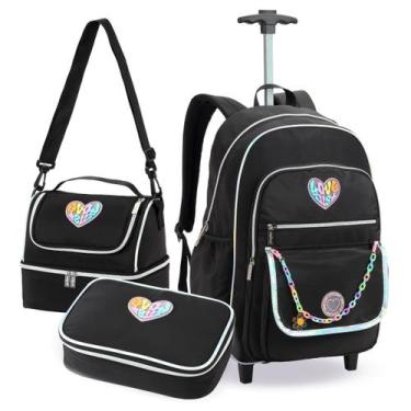 Imagem de Kit Mochila Escolar com Rodas e Estojo Box Lancheira Preto Conjunto Ma