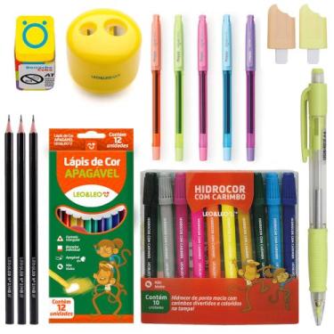 Imagem de Kit Material Escolar Canetinha + Lapis De Cor + Marca Texto Esferograf