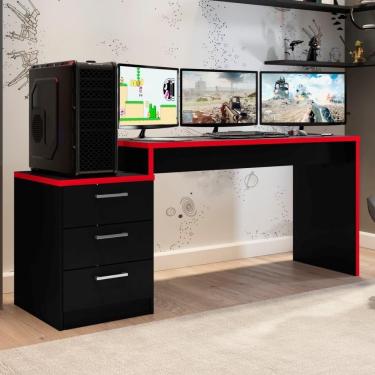 Imagem de Mesa Gamer Retangular Drx-5000 Moderno 3 Gavetas Telescópicas MDP 138cm Preto Vermelho Móveis Leão