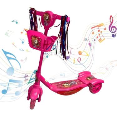 Imagem de Patinete Infantil 3 Rodas Dobrável com Som e Luz Cestinha Frontal Enfeites Coloridos Rosa