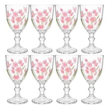 Imagem de Jogo 8 Taça de Vidro Decorada Flores Borboletas Spring para Água e Vin