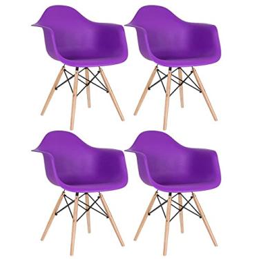 Imagem de Kit 4 cadeiras Charles Eames Eiffel DAW com braços e pés de madeira clara Roxo