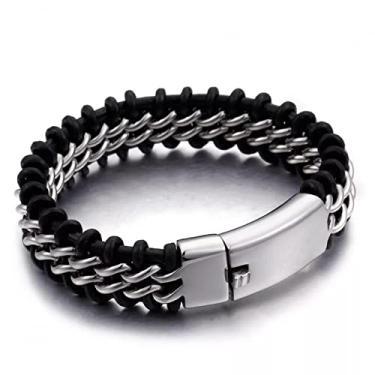Imagem de suhang Pulseira De Couro De Aço Inoxidável Cor Prata 18 Mm De Largura Pulseira De Couro Masculina Presente
