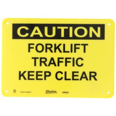 Imagem de Master Lock S6900 25,4 cm de largura x 17,7 cm de altura, placa de segurança preta sobre amarela, cabeçalho "Cuidado", lenda "Forklift Traffic Keep Clear"