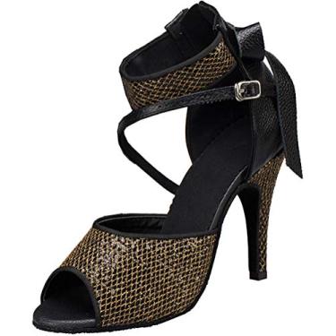 Imagem de Sapato feminino Peep Toe 5-10 cm tira no tornozelo tango moderno latino cha-cha dança 1045, Preto, 8
