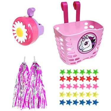 Imagem de Suerico – Kit de acessórios de bicicleta para meninas – Bicicleta com roda de bicicleta, bico de bicicleta, cesta com franjas, chifre de motocicleta, bicicleta frontal
