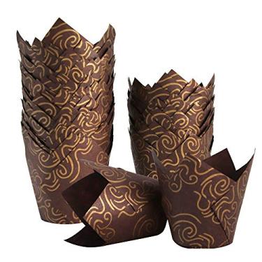 Imagem de 150 peças de forros de cupcakes de tulipa, forros de muffins de papel à prova de gordura para casamentos, festas de aniversário, tamanho padrão (estampa dourada, marrom)