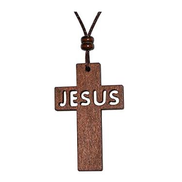 Imagem de Colar com pingente de cruz Jesus de madeira natural para homens e mulheres, meninos, meninas, esculpidos, de madeira, casual, suéter, corrente para carro, retrovisor, pingente espelhado