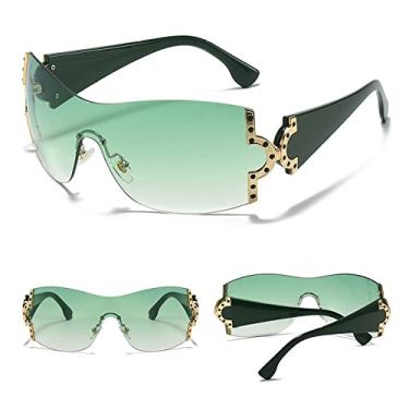 Imagem de Óculos de sol sem aro de strass de uma peça, óculos de sol, óculos de sol superdimensionados, óculos de moda sem moldura, verde c4 verde, tamanho único
