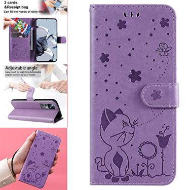 Imagem de Capas de telefone de negócios de luxo compatíveis com Xiaomi 12T 12T Pro capa de couro em relevo gato abelha slots para cartão carteira clipe capas à prova de choque (roxo, Xiaomi 12T)