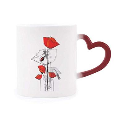 Imagem de Caneca vermelha de flor abstrata arte linha pintura milho sensível ao calor caneca vermelha muda de cor grés copo