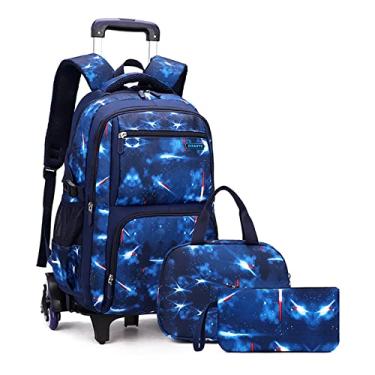 Imagem de ACAGALA Mochila Rolante Infantil para Meninos, meninas, mochila com rodas, carrinho, mochila escolar, mochila com lancheira, bolsa de lápis (Azul Escuro)
