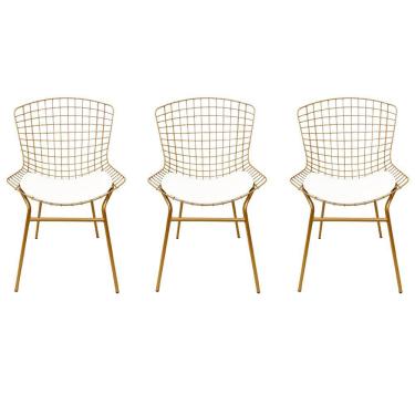 Imagem de Cadeira para Cozinha Bertoia cor Dourado Fosco assento branco tubular 3 Unidades