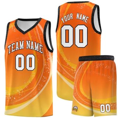 Imagem de Camiseta de basquete personalizada - Número do nome do time personalizado uniforme esportivo para homens mulheres jovens, Laranja e amarelo-14, One Size