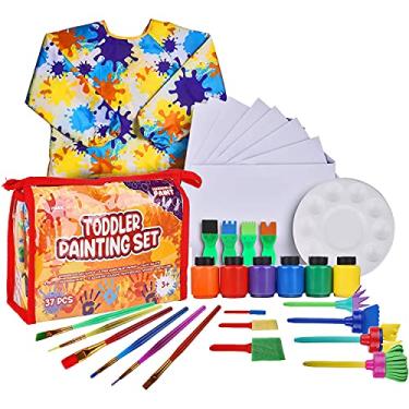 Imagem de J MARK Conjunto de tinta infantil de 38 peças, inclui tinta têmpera lavável, blusa de arte, papel de pintura, pincéis, ferramentas
