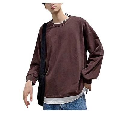 Imagem de Camisetas masculinas de manga comprida, gola redonda, cor sólida, secagem rápida, confortável, polo Henley, Marrom, XXG