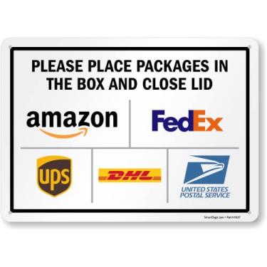 Imagem de SmartSign Placa de metal "Please Leave Packages in The Box And Close The Lid" de 25,4 x 35,5 cm com logotipos de entrega, alumínio laminado à prova de ferrugem de 40 mil, multicolorido