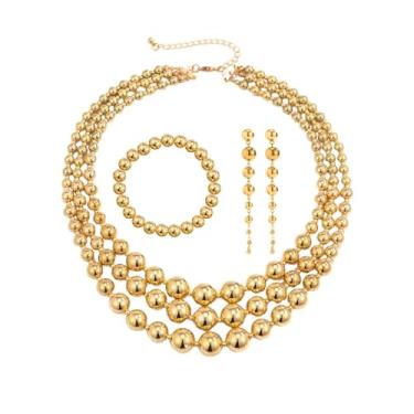 Imagem de 4-5 peças colar de contas de ouro prata exagerado brincos longos pendentes pulseira anéis conjunto de joias para mulheres, bola de lágrima grossa empilhável gargantilha colar borla brincos contas
