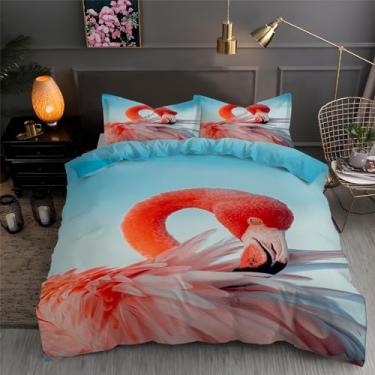 Imagem de Jogo de cama com capa de edredom de flamingo, céu azul, 3 peças, texturizada, microfibra macia, 172,7 x 228,6 cm e 2 fronhas, com fecho de zíper e laços