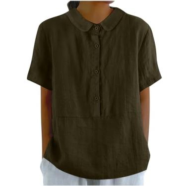 Imagem de PKDong Camisa de linho feminina gola Peter Pan blusa com abertura nas costas túnica casual ajuste solto camiseta tops de verão na moda, Marrom, XXG