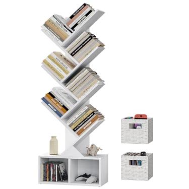 Imagem de Vagusicc Estante de árvore de 6 camadas com armazenamento, estante alta e estreita, suporte de armazenamento de livros de madeira rústica para CDs/livros, prateleiras organizadoras de livros pequenas