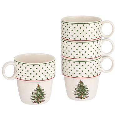 Imagem de Spode - Coleção de árvore de Natal – Conjunto de 4 canecas empilháveis de bolinhas – Cada caneca tem capacidade para 293 g. – Pode ir à máquina de lavar louça, micro-ondas e freezer