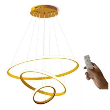 Imagem de Lustre Led 3 Anéis Moderno 89w 60cm Dourado C/ Controle - Casa Moliê