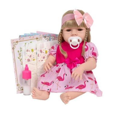 Imagem de Bebe Reborn Recém Nascida  46cm Vestido Flamingo Kit Itens - Cegonha R