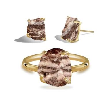 Imagem de Conjunto de Jaspe Zebra - Cristal Natural, Banho Ouro 18k