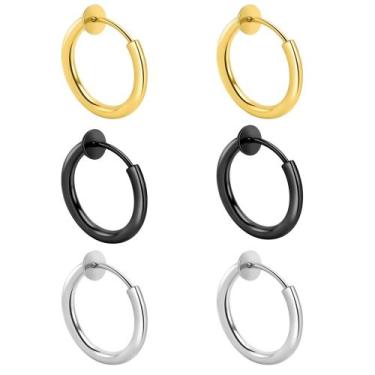 Imagem de kit 3 pares brincos de pressão prata dourado preto black aço não preci