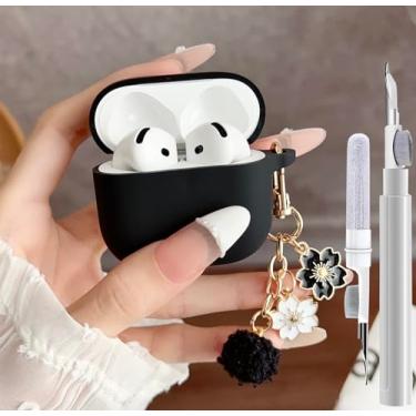 Imagem de GARTOO Linda capa para Airpods 4 para meninas e mulheres com chaveiro de flor pompom e kit de limpeza, capa protetora de silicone macio para Airpods iPod 4 Gen para Airpod 4, preta