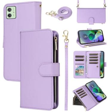 Imagem de Furill Capa carteira para Motorola Moto G54 5G com alça de pulso removível alça de ombro transversal de couro PU de luxo flip bolsa com zíper 11+ compartimentos para cartão protetor protetor de