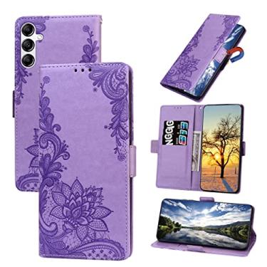 Imagem de Dinglijia Projetada para Samsung Galaxy A14 5G, capa carteira de couro PU com alça flip suporte para cartões de dinheiro, capa feminina com estampa de renda à prova de choque para A14 5G LS roxa