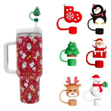Imagem de 6 peças de tampa de palha de Natal para Stanley Cup, 10 mm 1 cm Stanley Accessories Xmas Toppers Cap com copo de 30 e 1,134 g com alça à prova de poeira reutilizáveis pontas de palha para presentes de