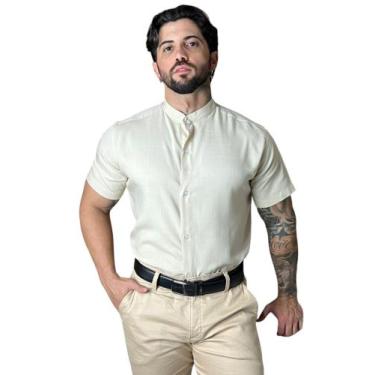 Imagem de Camisa Gola Padre Masculina Social Slim Fit Manga Curta Envio Imediato